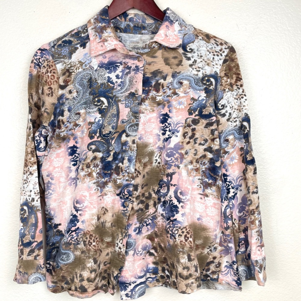 Soft Surroundings Womens Top M Cotton Button Down Paisley Long Sleeve Boho Artsy
